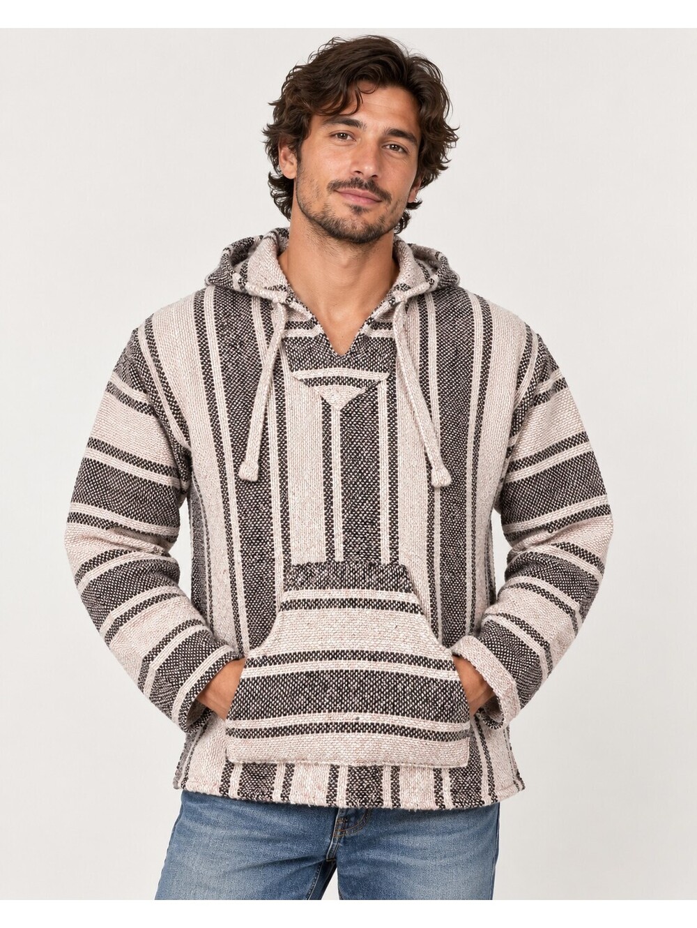 Vintage Artesanias Baja Hoodie Drug Rug Pullover Striped Sweater Mexico Size M
